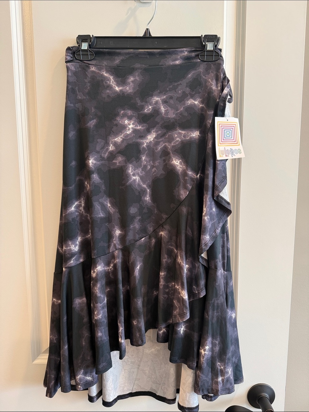 LuLaRoe Bella Black and Grey Wrap Around Asymmetrical Ruffle Midi Skirt